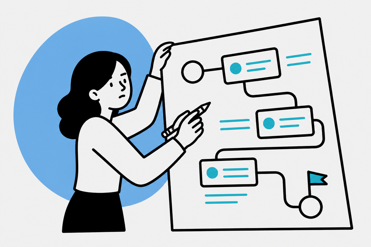 Illustration of a designer sketching an oversized career roadmap board