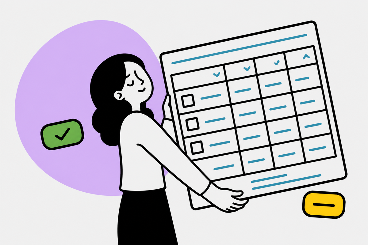 Illustration of a designer holding an oversized case list table board