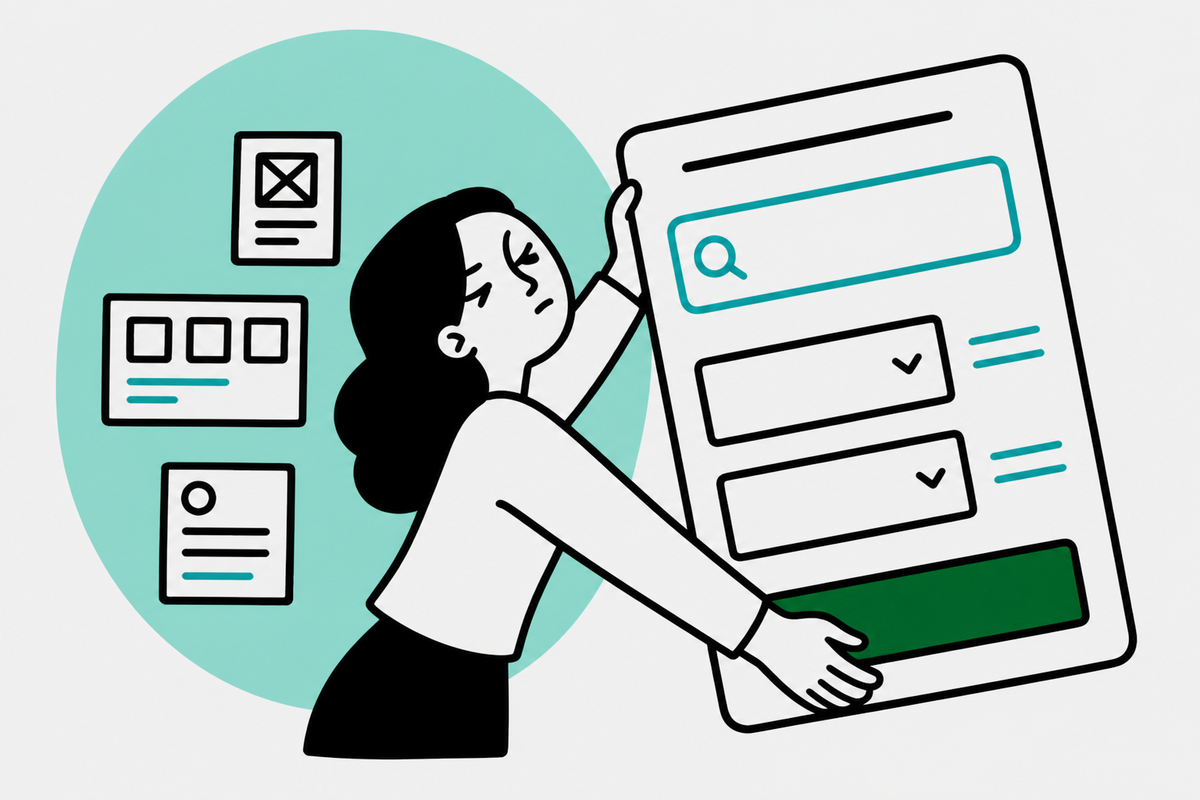 Illustration of a designer adjusting an oversized admin search panel