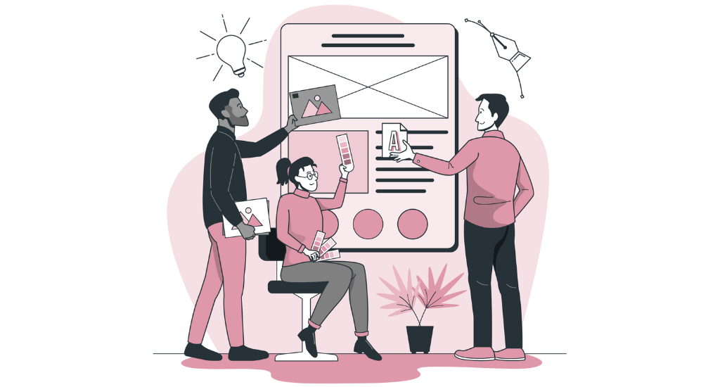 Illustration of a design team collaborating around a wireframe mockup