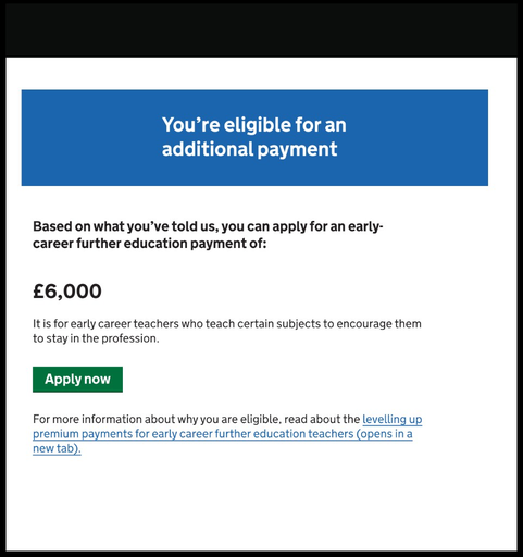 Eligibility result page confirming the user is eligible for an additional payment of £6,000, with an Apply now button