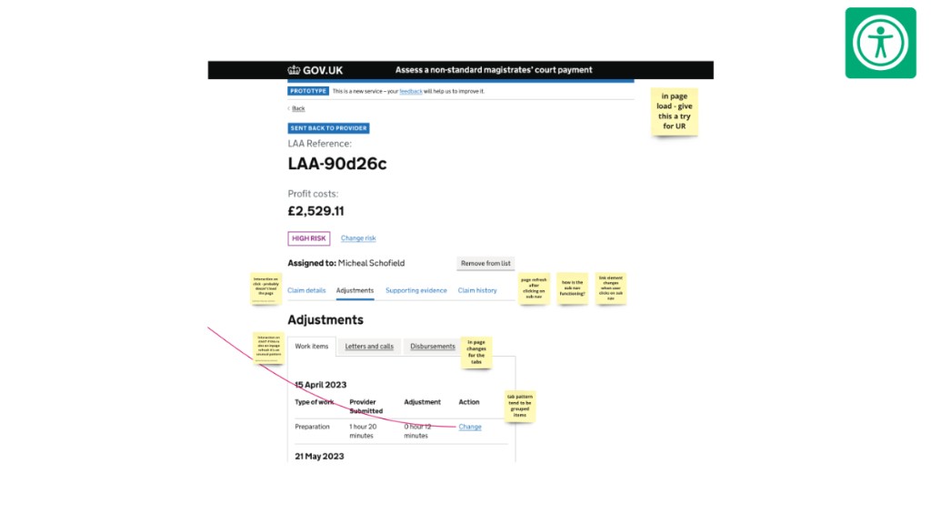 Annotated prototype of the Adjustments tab pattern with accessibility notes on page refresh versus in-page change