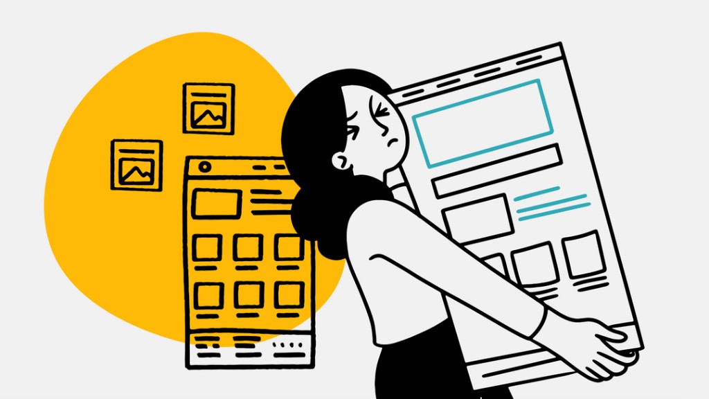 Illustration of a person struggling to carry a large webpage wireframe, with smaller design layouts floating in the background