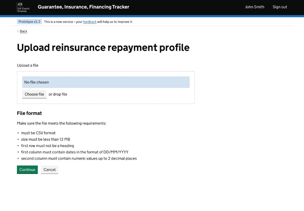 Upload reinsurance repayment profile screen with file upload controls and CSV format requirements.