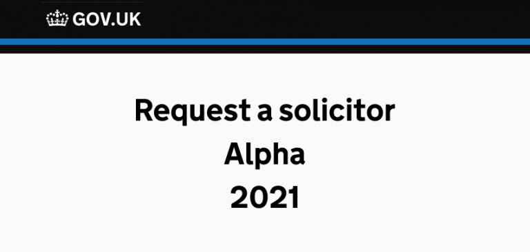 Text reads Request a Solicitor, Alpha, 2021